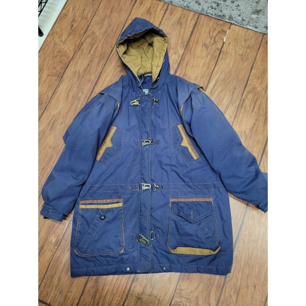 East West Vintage Women's Puffer Blue Gold Ski Jacket Coat Size S 90s Retro